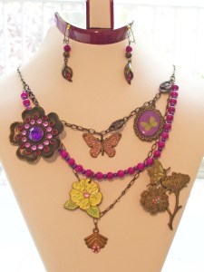 purple crystal brooch, violet beads, butterfly, flower charms necklace