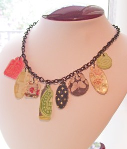 industrial grunge necklace, scrapbook tags, fleur de lis, flowers