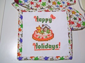 happy holidays pot holder, christmas cake cross stitch design