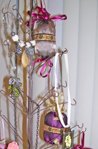 victorian christmas ornaments, taupe and wine, ribbon tassels