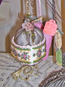 victorian beaded ball ornament, taupe satin, gold tassel