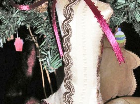 Victorian boot holiday ornament, ribbon trim, fabric