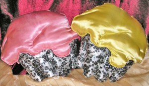 satin pillows, pink or yellow cupcake, holiday decoration