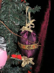 ball ornament, burgundy gold ribbon bow, floral ribbon accent