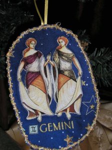 Gemini holiday ornament, blue, gold