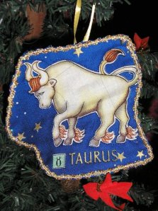 Taurus Christmas ornament, dark blue, gold trim