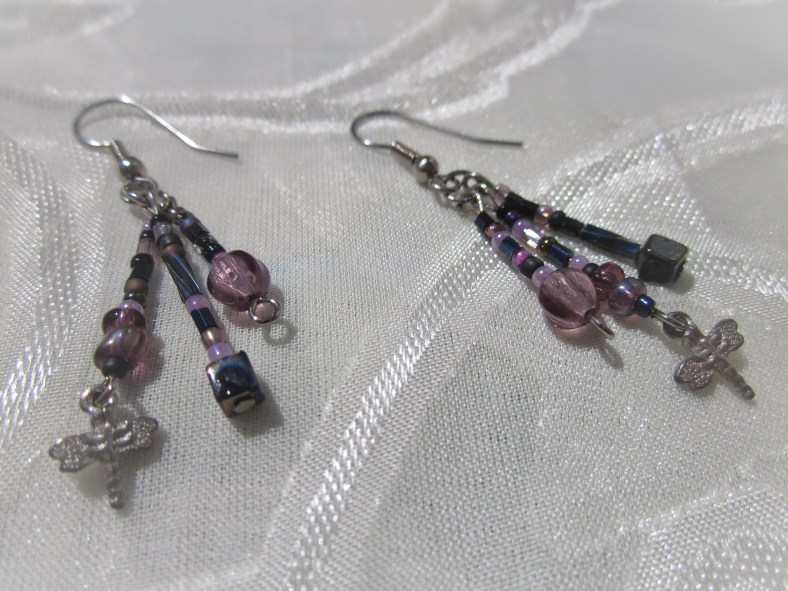 Purple seed bead assortment, dragonfly charms